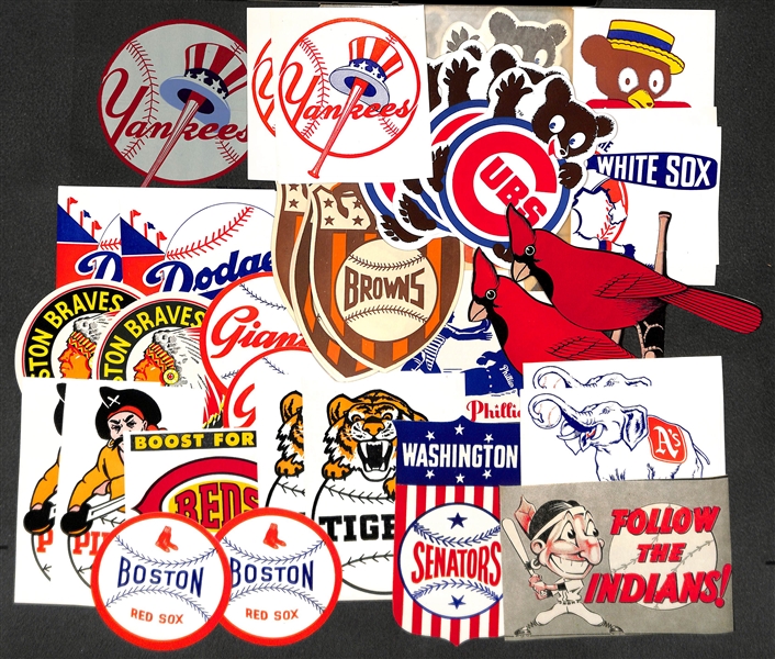 Lot of (35+) Vintage 1950s-1960s Team Decals/Stickers/Stamps w. Yankees, Cubs, A's, Dodgers, Phillies, +