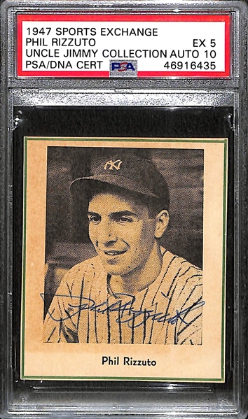 RARE Phil Rizzuto Signed 1947 Sports Exchange Rookie Card Graded PSA 5 - Autograph Grade 10 (3x2.5 with All Green Edges Showing)