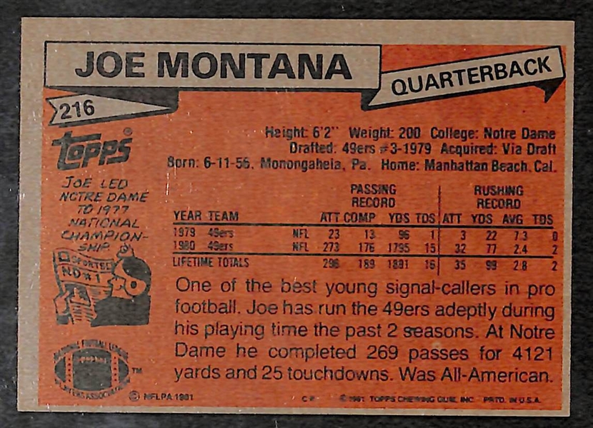 1981 Topps Joe Montana Rookie Card #216