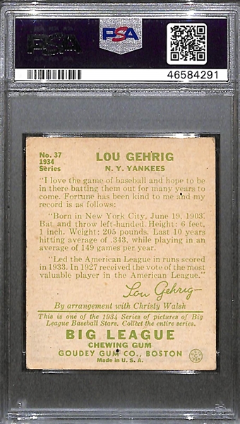 1934 Goudey Lou Gehrig Card (#37) Graded PSA 1