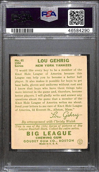 1934 Goudey Lou Gehrig Card (#61) Graded PSA 3.5