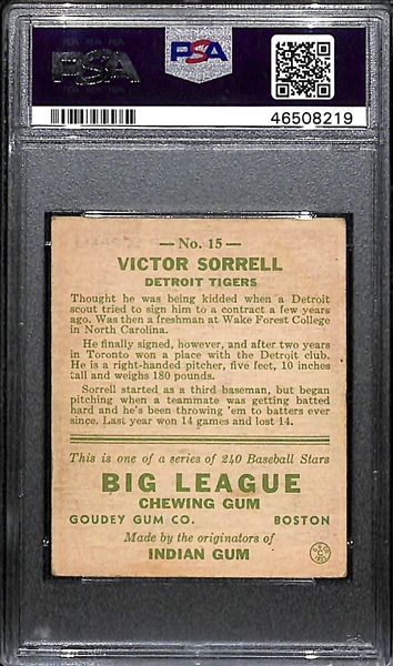 1933 Goudey Vic Sorrell #15 PSA 4 (Autograph Grade 8).  Pop 1 - Highest Grade Example - Only 3 PSA/DNA Exist! (d. 1972)