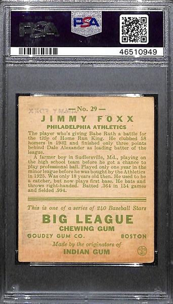 1933 Goudey Jimmie Foxx #29 PSA 4.5 (Autograph Grade 7) - Only 4 PSA/DNA Exist - Only 1 Graded Higher (d. 1967)