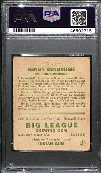 1933 Goudey Benny Bengough #1 Card Graded PSA 3 (Autograph Grade 9) - Pop 1 (Highest Grade of 2 PSA Examples) - Part of the Famous 1920s Yankees (d. 1968)