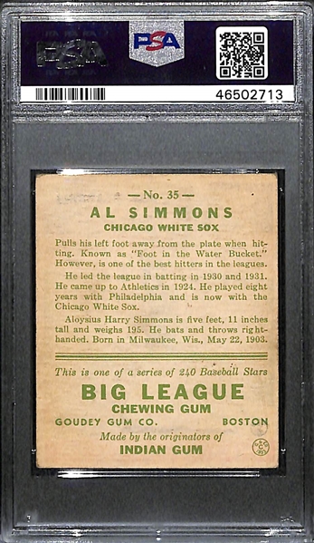 1933 Goudey Al Simmons (HOF) #35 PSA 4 (Autograph Grade 8) - Pop 1 (Highest Grade by Far!) - d. 1956
