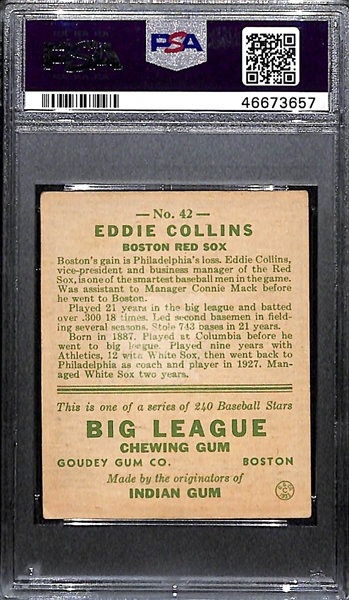 1933 Goudey Eddie Collins (HOF) #42 PSA 2.5 (Autograph Grade 7) - Only 1 Graded Higher - Only 6 PSA/DNA Examples Exist! d. 1951