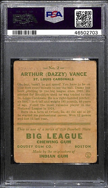 1933 Goudey Dazzy Vance (HOF) #2 PSA 2 (Autograph Grade 8) - Only 7 PSA/DNA Exist w. Only 2 Graded Higher!  (d. 1961)