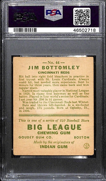 1933 Goudey Jim Bottomley #44 PSA 1.5 (Autograph Grade Authentic) - Only 6 Have Been Authenticated by PSA/DNA (d. 1959)