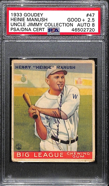 1933 Goudey Heinie Manush (HOF) #47 PSA 2.5 (Autograph Grade 8) - Pop 1 (Highest Grade - Only 5 Have Been Authenticated by PSA/DNA) - d. 1971