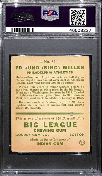 1933 Goudey Bing Miller #59 PSA 2.5 (Autograph Grade 7) - Only 1 Graded Higher - Only 5 PSA/DNA Graded Examples - d. 1966