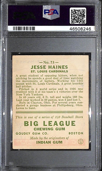 1933 Goudey Jesse Haines (HOF) #73 PSA 2.5 (Autograph Grade 8) - Only 11 PSA Graded Examples - d. 1978