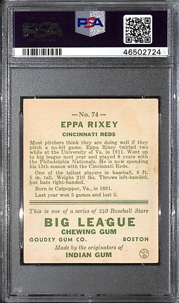 1933 Goudey Eppa Rixey (HOF) #74 PSA 2.5 (Autograph Grade 9) - Only 1 Graded Higher of 3 PSA Examples - d. 1963 