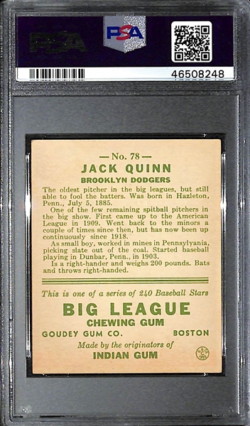 1933 Goudey Jack Quinn #78 PSA 2.5 (Autograph Grade 8) - Only 1 Graded Higher - 4 PSA Examples - d.  1946