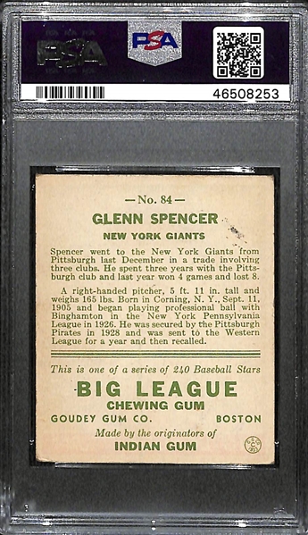 1933 Goudey Glenn Spencer #84 PSA 3.5 (Autograph Grade 9) - Pop 1 (Highest Graded of 3 PSA Examples) - d. 1958