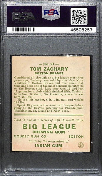 1933 Goudey Tom Zachary #91 PSA 5.5 (Autograph Grade 10) - Pop 1 (Highest Graded Example!) - Only 3 PSA Graded Examples - d. 1969