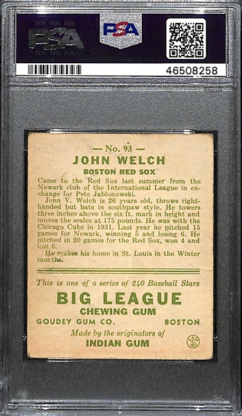 1933 Goudey John Welch #93 PSA 2 (Autograph Grade 6) - Pop 1 (Highest Graded Example) - Only 6 PSA Graded Examples - d.  1940