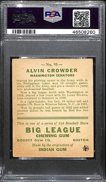 1933 Goudey Alvin (Gen.) Crowder #95 PSA 5 MK (Autograph Grade 5) - Pop 1 (Highest Graded Example) - Only 3 PSA Graded Examples - d. 1972