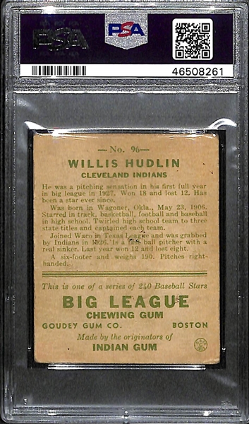 1933 Goudey Willis Hudlin #96 PSA 2 (Autograph Grade 6) - Only One Graded Higher - 20 PSA Graded Examples - d. 2002 