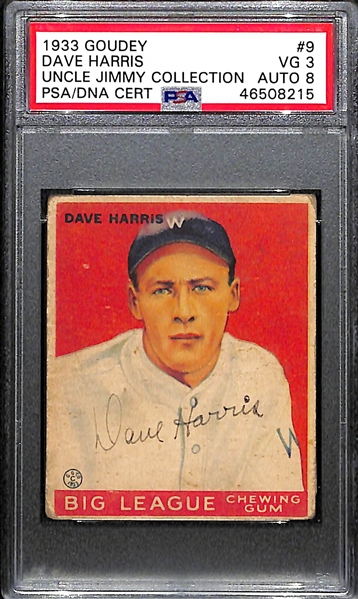 1933 Goudey Dave Harris #9 PSA 3 (Autograph Grade 8).  Pop 1 - Highest Grade Example and Only 4 PSA/DNA Exist! (d. 1973)