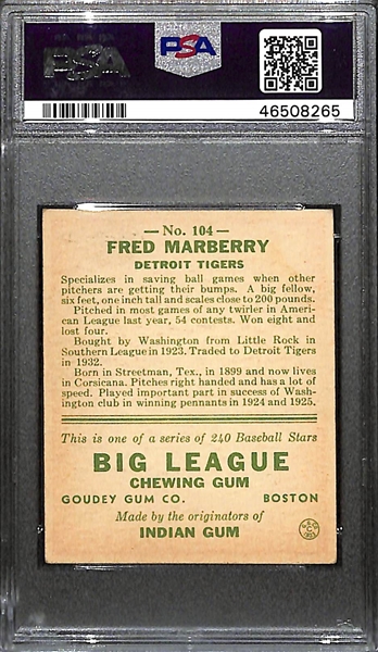 1933 Goudey Fred Marberry #104 PSA 2.5 (Autograph Grade 8) -  Pop 1 (Highest Graded Example) - Only 8 PSA Graded Examples - d. 1976