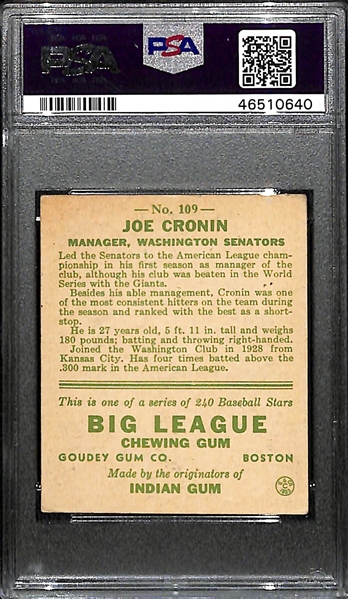 1933 Goudey Joe Cronin #109 PSA 4 (Autograph Grade 6) - Only 1 Graded Higher - Only 9 PSA Graded Examples - d. 1984 