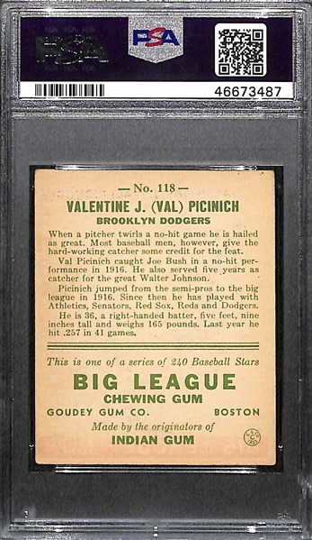 1933 Goudey Val Picinich #118 PSA 5 (Autograph Grade 7) - One of 2 PSA Graded Examples - d. 1942