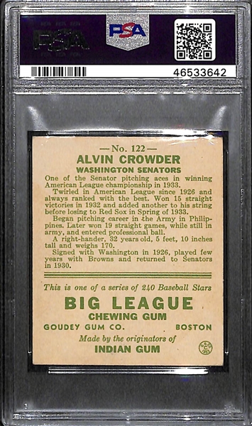 1933 Goudey Alvin (Gen.) Crowder #122 PSA 5 (Autograph Grade 8) - Pop 1 (Highest Graded Example) - Only 3 PSA Graded Examples - d. 1972