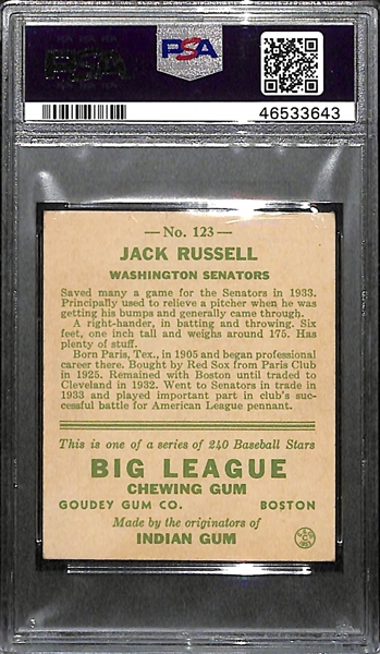 1933 Goudey Jack Russell #123 PSA 4 (Autograph Grade 9) - Pop 1 (Highest Graded Example) - Only 8 PSA Graded Examples - d. 1990