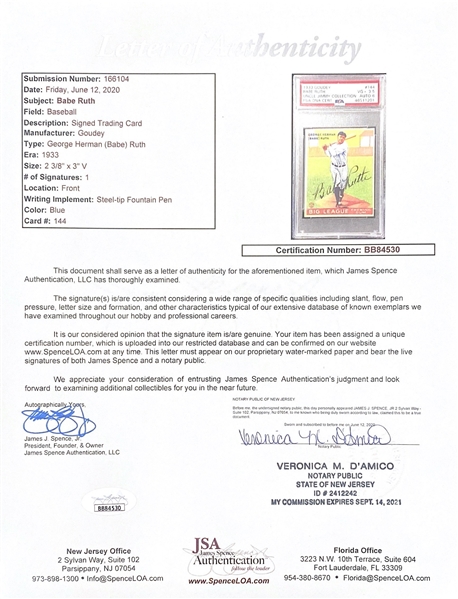 1933 Goudey Babe Ruth #144 PSA 3.5 (Autograph Grade 6) - Only 2 Graded Higher of 6 PSA Examples, d. 1948 - Includes JSA LOA