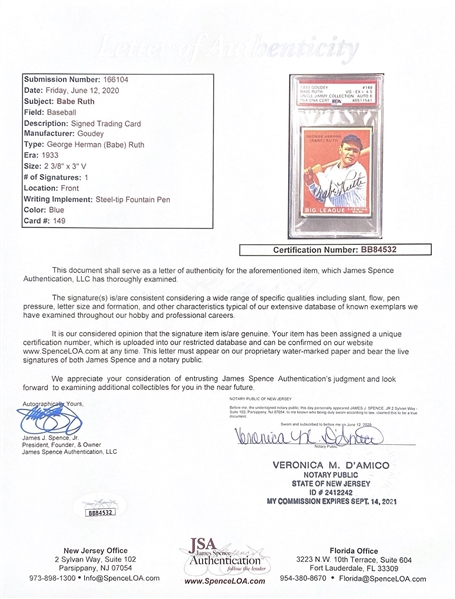 1933 Goudey Babe Ruth #149 PSA 4.5 (Autograph Grade 6) - Pop 1 (Highest Grade of 3 PSA Examples!), d. 1948 - Includes JSA LOA