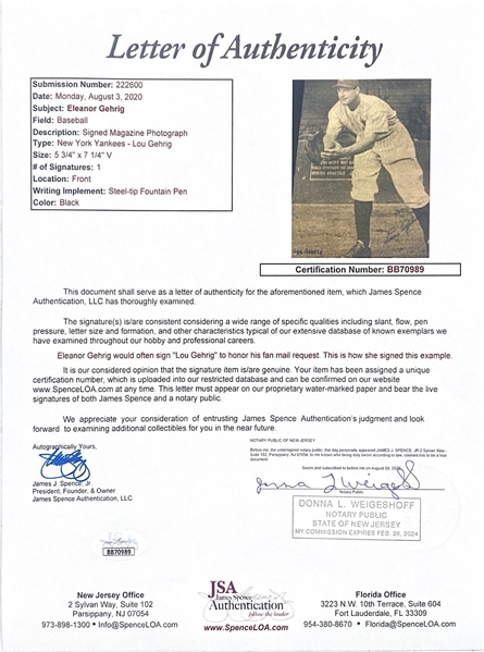 Eleanor Gehrig Signed Lou Gehrig Newspaper Clipping (5.5x7) Mrs. Gehrig Signed Lou's Name) - Inc. JSA LOA