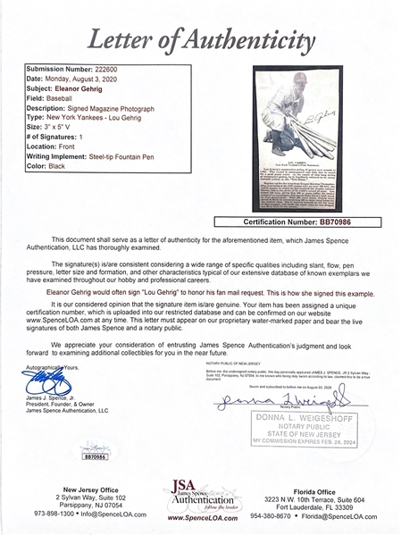 Eleanor Gehrig Signed Lou Gehrig Newspaper Clipping (2.75x4.75) Mrs. Gehrig Signed Lou's Name) - Inc. JSA LOA