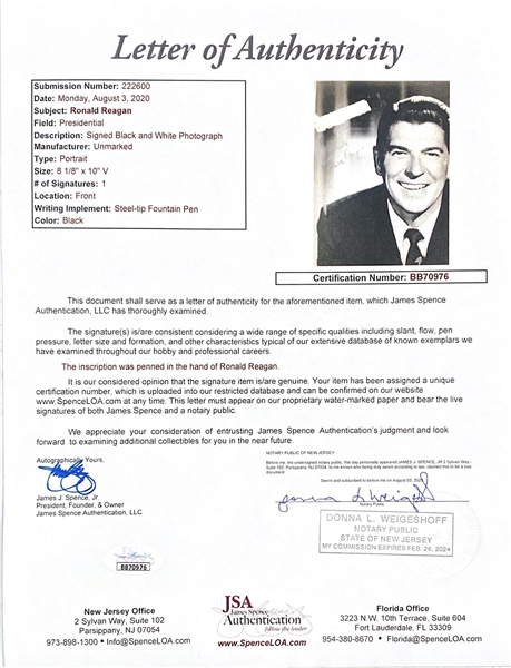 Ronald Reagan (US President) Signed Vintage 8x10 Photo (JSA LOA) - Photo Surface Removed Where Personalization Existed