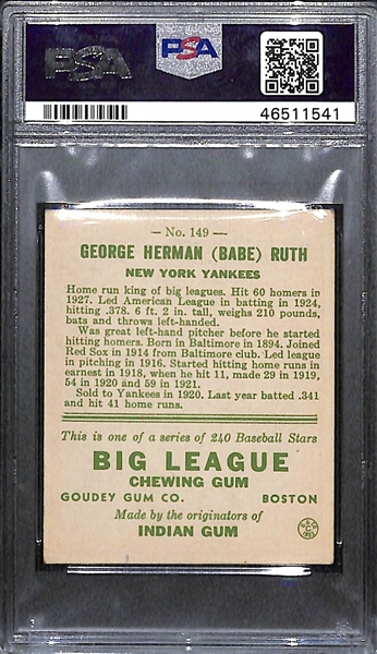 1933 Goudey Babe Ruth #149 PSA 4.5 (Autograph Grade 6) - Pop 1 (Highest Grade of 3 PSA Examples!), d. 1948 - Includes JSA LOA