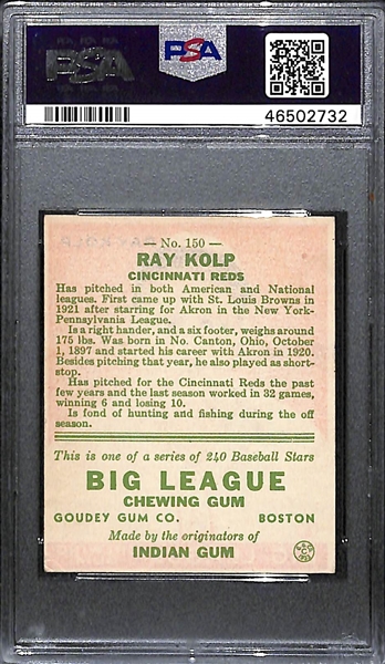 1933 Goudey Ray Kolp #150 PSA Auth (Autograph Grade 10) - None Graded Higher of Only 3 PSA Examples! d. 1967