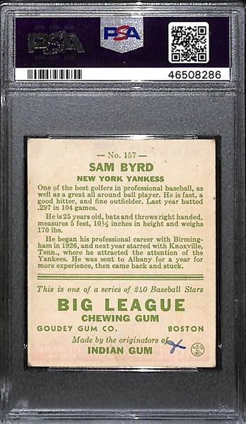 1933 Goudey Sam Byrd #157 PSA 4.5 (Autograph Grade 8) - Pop 1 (Highest Grade of 7 PSA Examples!), d. 1981