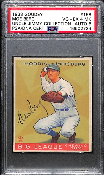 1933 Goudey Moe Berg (WW2 Spy) #158 PSA 4 MK (Autograph Grade 8) - Only 1 Graded Higher of 4 PSA Examples, d. 1972