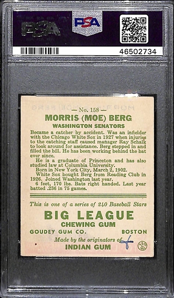 1933 Goudey Moe Berg (WW2 Spy) #158 PSA 4 MK (Autograph Grade 8) - Only 1 Graded Higher of 4 PSA Examples, d. 1972