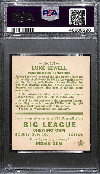 1933 Goudey Luke Sewell #163 PSA 2 (Autograph Grade 8) - Pop 1 (Highest Grade of 9 PSA Examples!), d. 1987