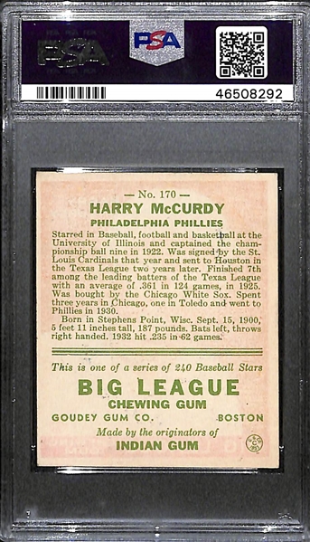 Rare 1/1 1933 Goudey Harry McCurdy #170 PSA 4 (Autograph Grade 9) - ONLY ONE TO EVER BE PSA GRADED (1st To Market), d. 1972