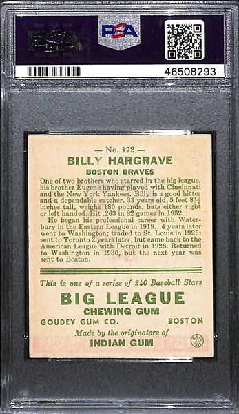 Rare 1933 Goudey Billy Pinky Hargrave #172 PSA 3.5 (Autograph Grade 9) - Only 2 PSA Examples Exist! d. 1942