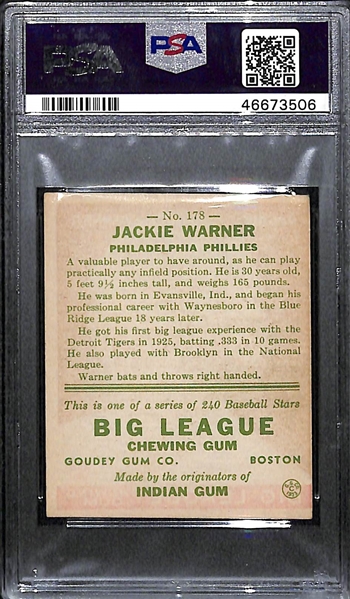 1933 Goudey Jackie Warner #178 PSA 4 MC (Autograph Grade 7) - Only 4 PSA Examples, Only 1 Higher! d. 1986