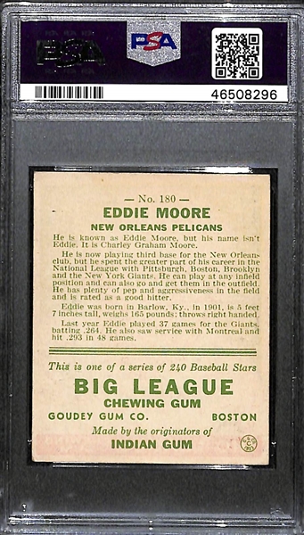 1933 Goudey Eddie Moore #180 PSA 4 (Autograph Grade 8) - Pop 1 (Highest Grade of 4 PSA Examples and Only Non-Authentic!), d. 1976