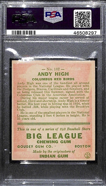 1933 Goudey Andy High #182 PSA 5 (Autograph Grade 8) - Pop 1 (Highest Grade of 7 PSA Examples and Only Non-Authentic!), d. 1981