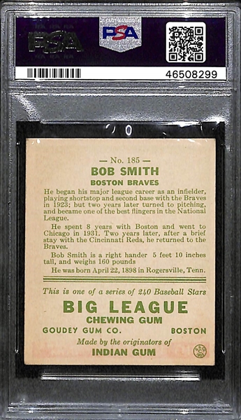 1933 Goudey Bob Smith #185 PSA 4 (Autograph Grade 7) - Pop 1 (Highest Grade of 6 PSA Examples!), d. 1987