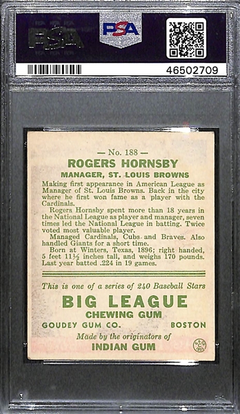 1933 Goudey Rogers Hornsby (HOF) #188 PSA 4.5 (Autograph Grade 9) - Pop 1 (Highest Grade of 4 PSA Examples!), d. 1963