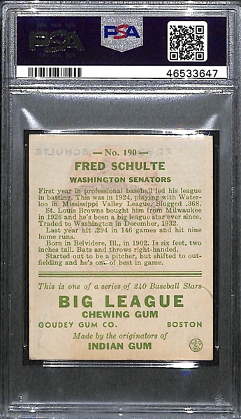 1933 Goudey Fred Schulte #190 PSA 5 (Autograph Grade 10) - Pop 1 (Highest Grade of 9 PSA Examples!), d. 1983