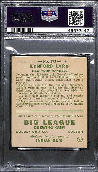 1933 Goudey Lyn Lary #193 PSA 1 (Autograph Grade 9) - Only 2 of 6 PSA Examples Graded Higher! d. 1973