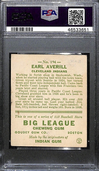 1933 Goudey Earl Averill #194 PSA 4 (Autograph Grade 8) - Only 1 of 15 PSA Examples Are Graded Higher! d. 1983
