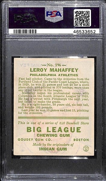 1933 Goudey Leroy Mahaffey #196 PSA 2 (Autograph Grade 9) - Pop 1 (Highest Grade of 3 PSA Examples and Only Non-Authentic!), d. 1969